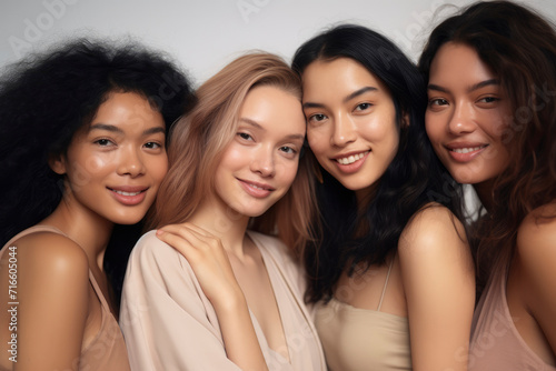Beautiful girls models of different races and appearances in beige clothes on gray beige background. Cute multicultural models with different skin colors. Natural beauty, friendship of peoples