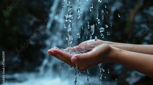 Close-up of a person's hand catching clear water droplets from a natural river. Water saving concept photo