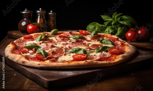 A traditional delicious italian pizza on wooden board, close up.