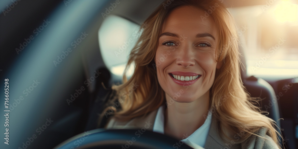 Außendienstmitarbeiterin sitzt im Auto Außendienstmitarbeiterin sitzt im Auto