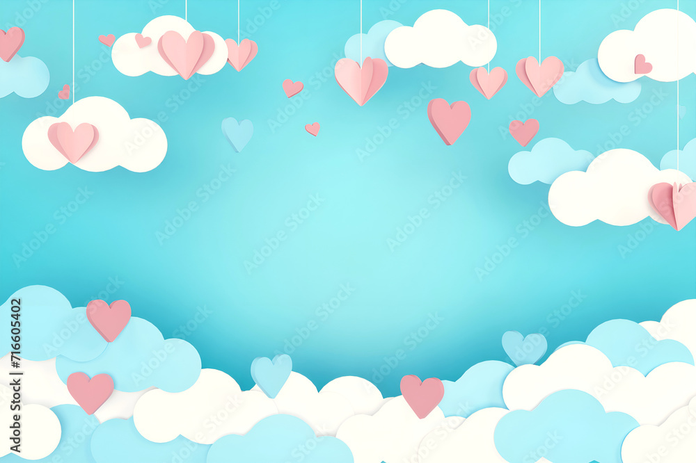 3D rendered illustration of a papercut style Valentine's card background with a heart shape and red-blue gradient sky and clouds with copy space.