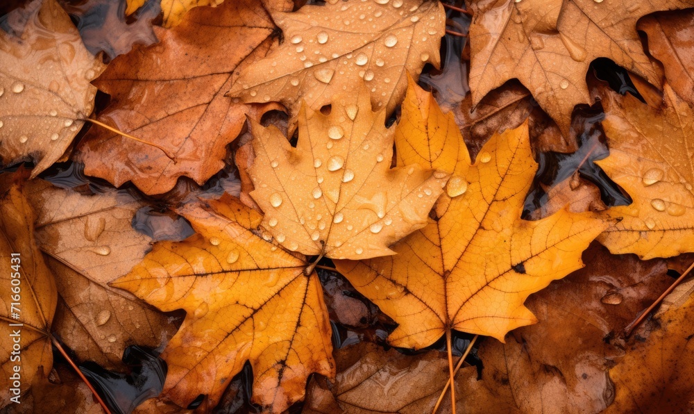 Colorful leaves are scattered around on the ground, large scale, top view, detailed texture. Autumn wallpaper.