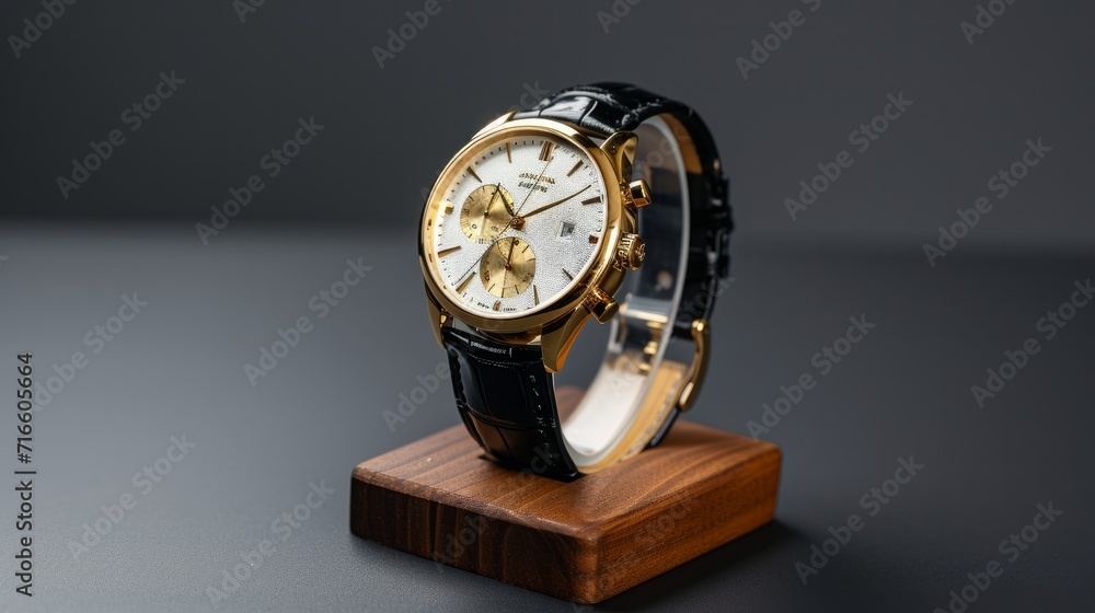 Beautiful gold men's watch with a black strap on a wooden stand, on a gray background. Beautiful gold watch. A luxury brand watch Beautiful gold men's watch with a black strap on a wooden stand, on a gray background. Beautiful gold watch. A luxury brand watch