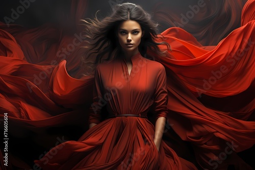 A dramatic silhouette of a model in a billowing red cape, creating a sense of movement against a mysterious dark background