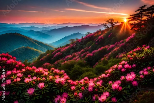 sunset in the covered red roses mountains