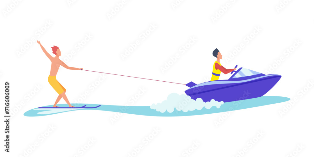 Ταπετσαρία Young man enjoying water skiing in sea or ocean wave, standing on waterski vecto