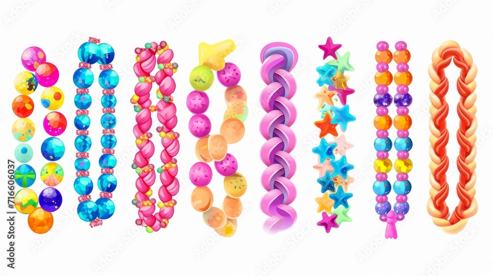 Collection of vector jewelry and children's ornaments. Bracelet made of handmade plastic beads. Set of bright colorful braided bracelets with words from the letters star, vibes, peace, honey, only - obrazy, fototapety, plakaty 