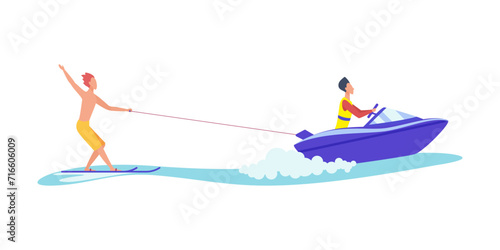 Young man enjoying water skiing in sea or ocean wave, standing on waterski vector illustration