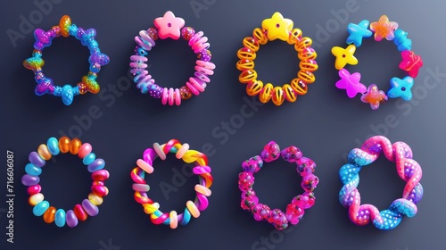 Collection of vector jewelry and children's ornaments. Bracelet made of handmade plastic beads. Set of bright colorful braided bracelets with words from the letters star, vibes, peace, honey, only