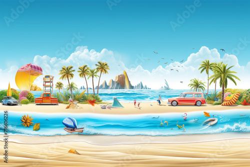 3d set of beach and sea, Summer Journey, Time to Travel Concept