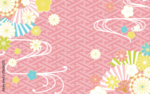 紗綾形模様に花と扇で飾った和風背景05 ピンク