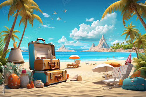 3d set of beach and sea, Summer Journey, Time to Travel Concept