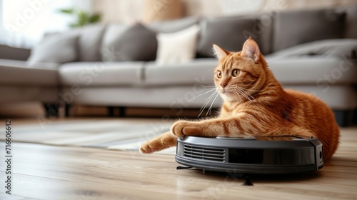 Funny cat sitting on the robot in the living room at home with sofa. Rides the cleaner on wooden floor. Ginger cat, watches the robot with a vacuum cleaner, touches it with its paw, runs after robot