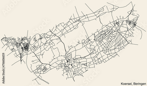 Detailed hand-drawn navigational urban street roads map of the KOERSEL COMMUNE of the Belgian municipality of BERINGEN, Belgium with vivid road lines and name tag on solid background photo