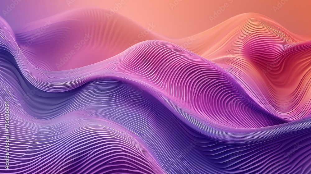 Graphic design art of wave with smooth curving lines with volume in gradient of pink and violet with purple colors Graphic design art of wave with smooth curving lines with volume in gradient of pink and violet with purple colors