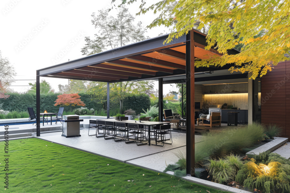 Modern patio furniture includes a pergola shade structure, an awning, a patio roof, a dining table, seats, and a metal grill, grass lawn and glowers garden