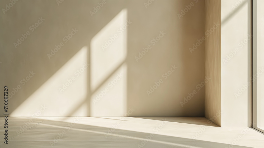 Empty room with minimalist beige wall background with sun shadow for product presentation Empty room with minimalist beige wall background with sun shadow for product presentation