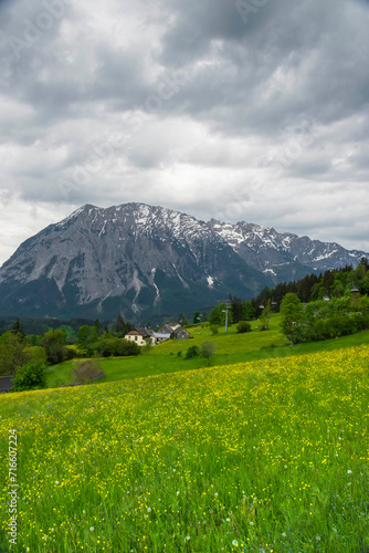 Summer austrian landscape with Grimming mountain (2.351 m), an isolated peak in the Dachstein Mountains, view from small alpine village Tauplitz, Styria, Austria