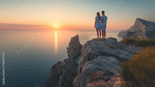 Young couple on top of a cliff looking at sunset on the sea