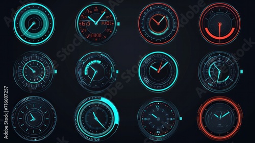 Mechanical Clock Style Smartwatch Faces Bezel Designs. Digital Watch HUD Dial with Minute, Hour, Second Marks. Timer or Stopwatch. Blank Measuring Circle Scale Vector Illustration photo