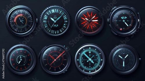 Mechanical Clock Style Smartwatch Faces Bezel Designs. Digital Watch HUD Dial with Minute, Hour, Second Marks. Timer or Stopwatch. Blank Measuring Circle Scale Vector Illustration photo