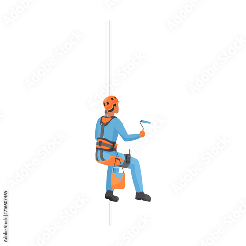 Industrial climber hanging on ropes, man in helmet holding paint roller vector illustration