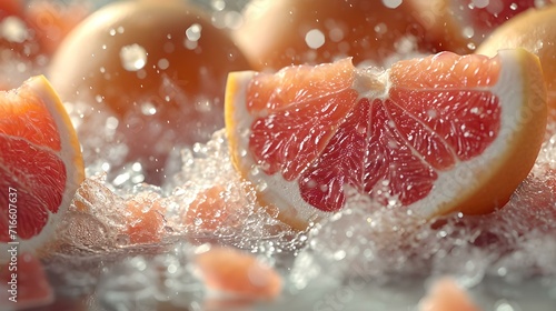 Fresh grapefruit slices with water droplets, vibrant citrus fruits close-up. perfect for food blogs and healthy lifestyle promotion. AI photo