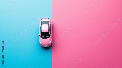 Model toy car on a blue-pink background. Top view. Flat lay