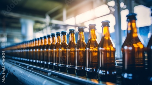 Bottles of beer on a conveyor belt in a factory.