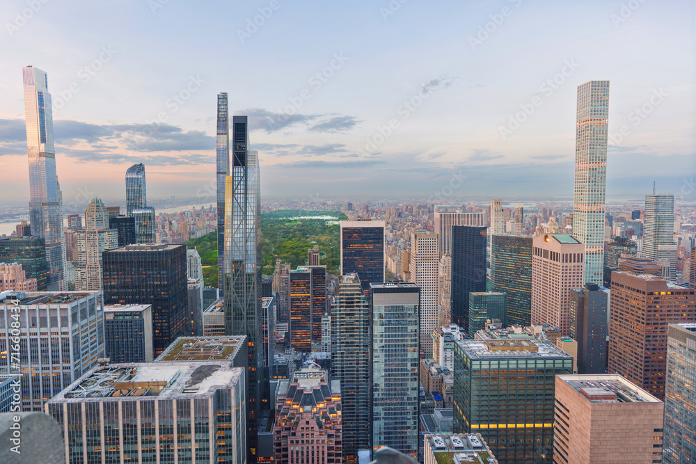 big skyline New York City panorama after sunset at night with a view of central park.