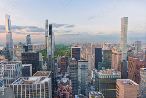 big skyline New York City panorama after sunset at night with a view of central park. photo