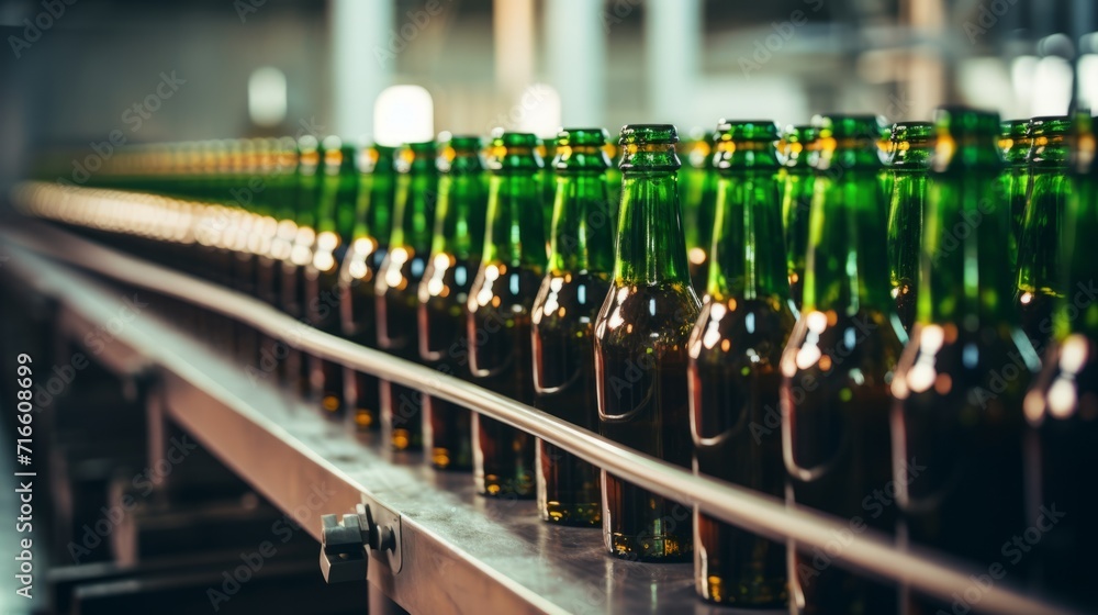 Bottles of beer on a conveyor belt in a factory. Bottles of beer on a conveyor belt in a factory.