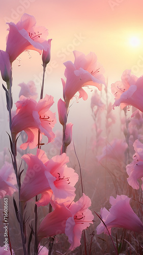 vertical background delicate pink gladiolus flowers in the morning soft pastel mist, landscape view wild field of flowers