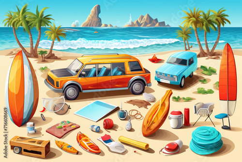 3d set of beach and sea  Summer Journey  Time to Travel Concept