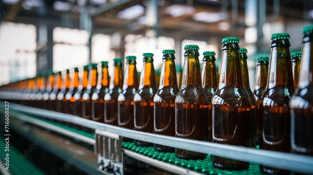 Bottles of beer on a conveyor belt in a factory. Bottles of beer on a conveyor belt in a factory.
