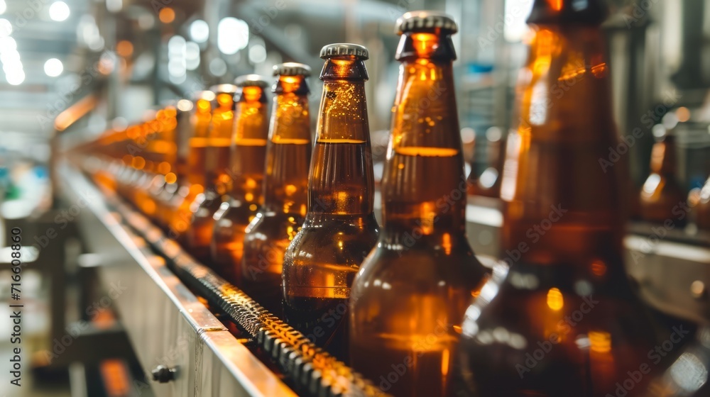 Bottles of beer on a conveyor belt in a factory. - obrazy, fototapety, plakaty 