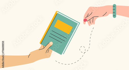 Books exchange or crossing banner template. Reading, education concept, human hand holding book and giving it to another person vector illustration. Swap literature day