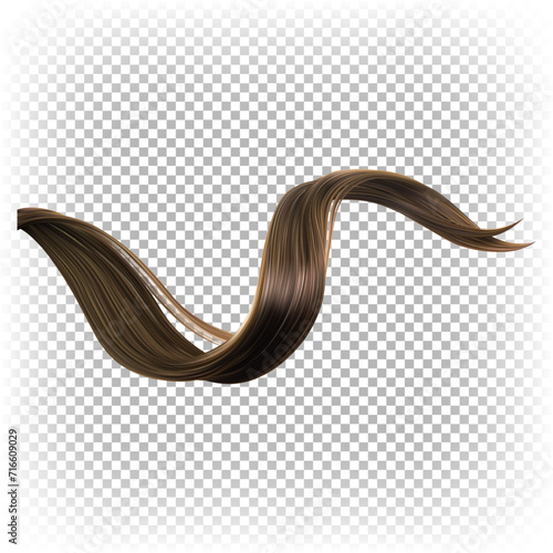 A lock of brown curly hair. Healthy ends. Vector 3D realistic illustration on transparent background