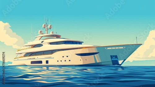 Super motor yacht at sea. Vector illustration of yacht or vessel with solid background. Luxurious ship for trip or party in the ocean, yacht illustration for rent or for sale, boat icon on the ocean