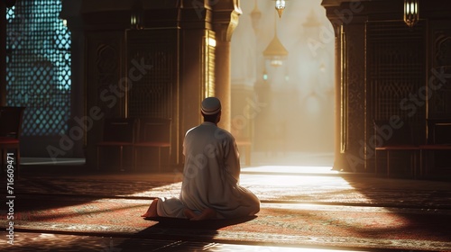 Alone man praying in muslim mosque on ramadan