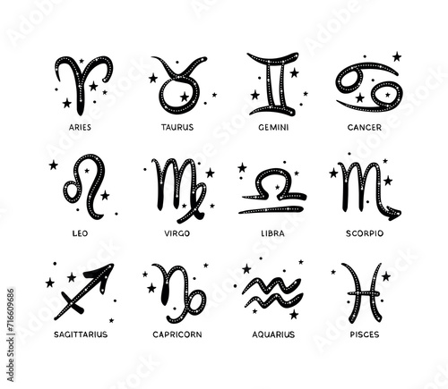 Set of all 12 zodiac signs symbols drawn by brush with stars, vintage boho design for calendar, astrology emblems. Collection of icons isolated on white background. photo