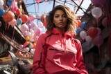 A dynamic and energetic moment with a model in a sporty pink tracksuit, exuding confidence against a graffiti-covered urban background