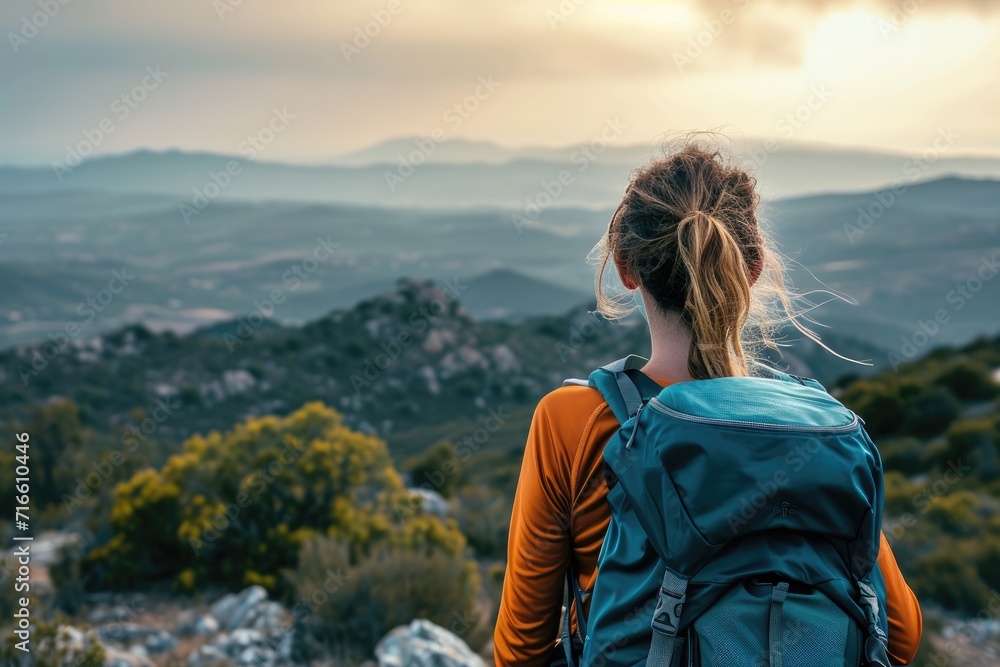 A woman with a backpack looks at the landscape. A woman in a mountain landscape