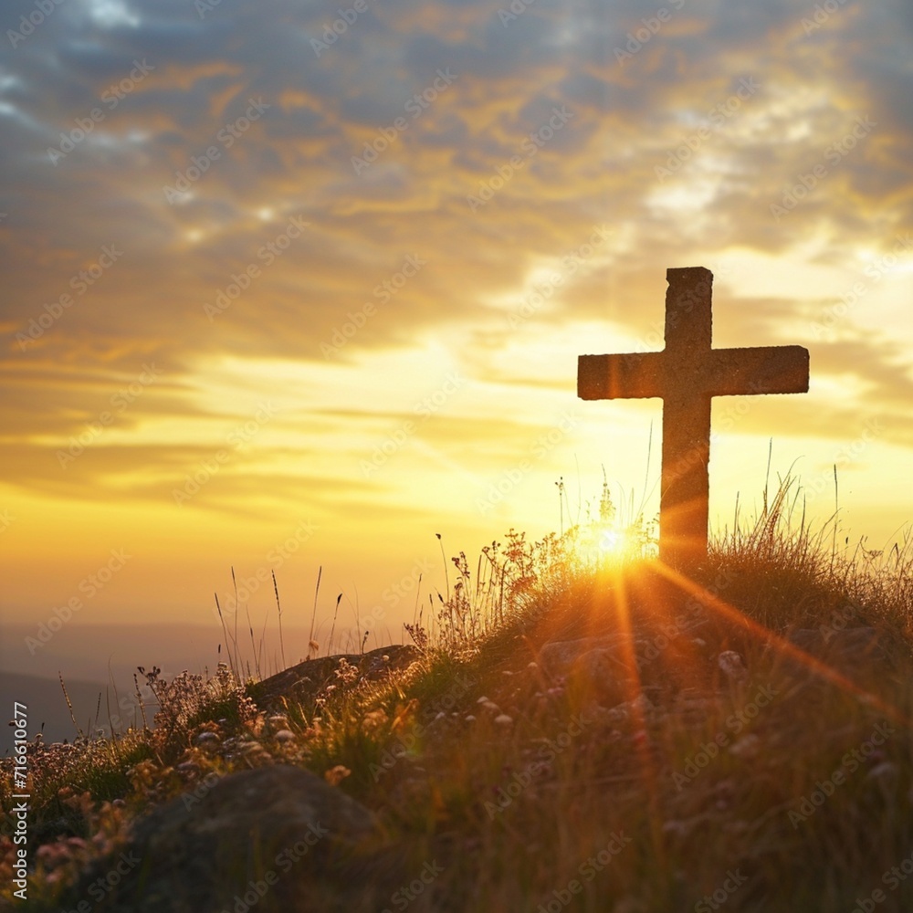 Sunrise outdoors Christian cross on hill signifies,The cross was on a grassy knoll with small flowers on it.