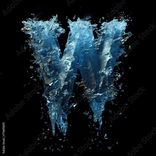 the letter W made of smooth perfect ice, black background