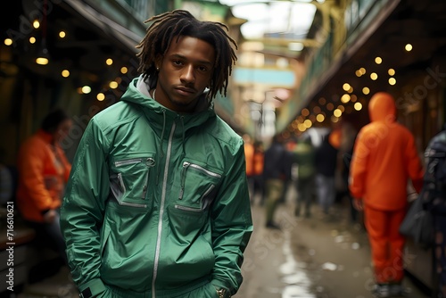 A dynamic and energetic moment with a model in a sporty green tracksuit, exuding confidence against a graffiti-covered urban background