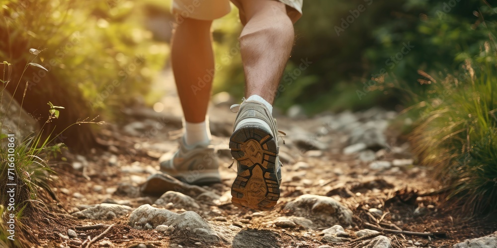 Athletic man running on a mountain path. Close-up of legs of male runner in nature Athletic man running on a mountain path. Close-up of legs of male runner in nature