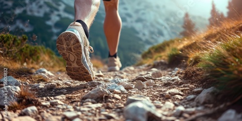 Athletic man running on a mountain path. Close-up of legs of male runner in nature