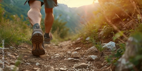 Athletic man running on a mountain path. Close-up of legs of male runner in nature