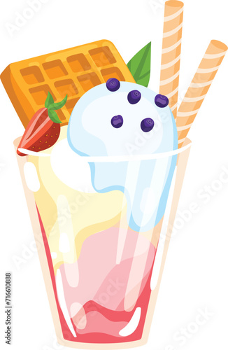 Colorful summer dessert with blueberry ice cream, waffle, and strawberry. Sweet treat in a glass cup with melting scoops. Delicious sundae and refreshing snack vector illustration.
